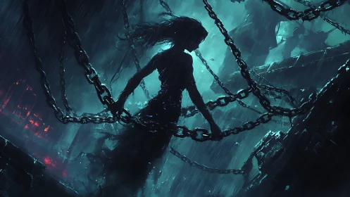 Shadowed dreamer wrapped in chains beneath stormlight.