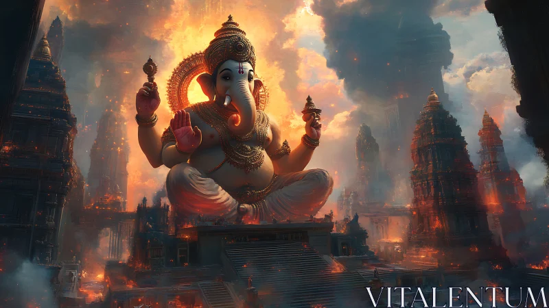 Majestic Ganesha deity rises over fiery celestial temples.