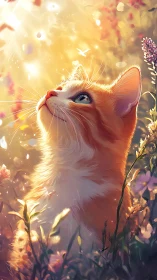 Sunlit ginger kitten dreaming beneath drifting petals.