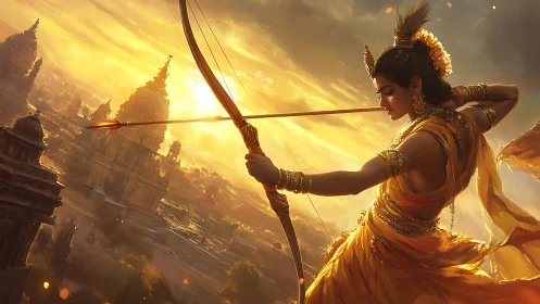 Digital painting of mythic archer over sunlit temple city.