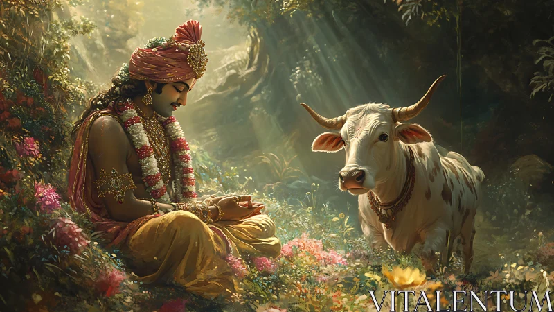 Seated figure and cow occupy forest clearing under light rays