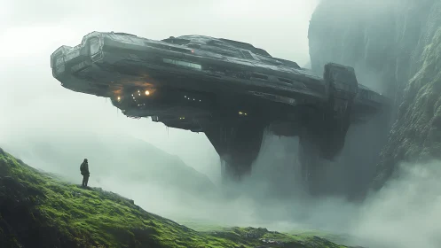 Large starship hovering above misty moss valley landscape.