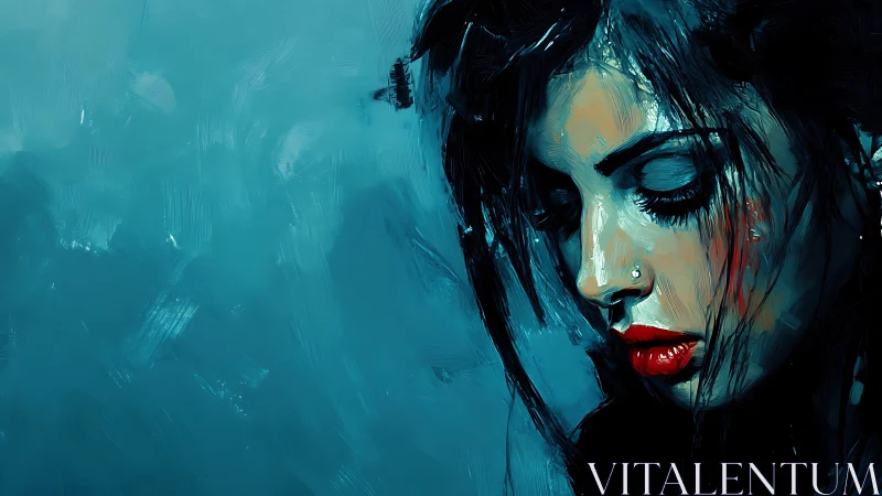 Woman with downward gaze dominates blue digital canvas