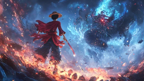 Straw hat warrior confronts colossal flaming ice beast