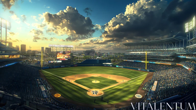 Sunset-lit professional baseball stadium with panoramic crowd