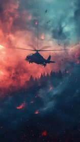 Rescue helicopter above burning forest under split sky.