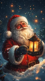 Santa Claus smiles warmly while holding a glowing lantern.