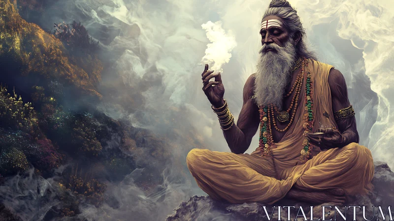 Mystic sage drifts through luminous sacred mountain mists.