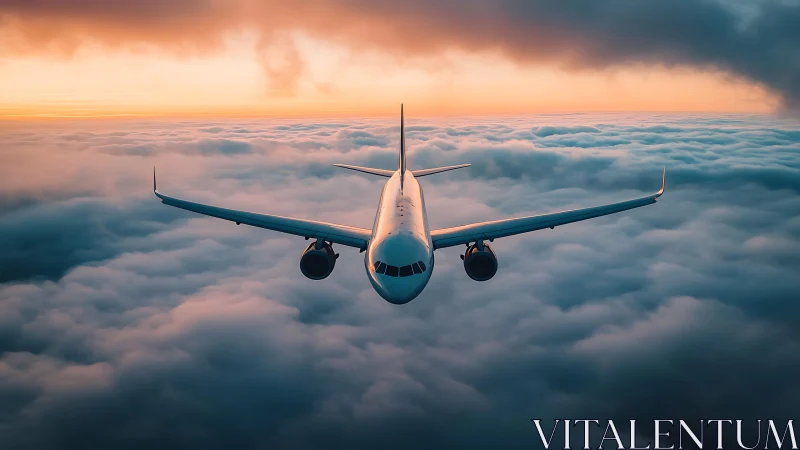 Twin‑engine airliner cruising above stratocumulus at sunrise