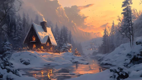Snowbound riverside cabin under glowing winter sunset.