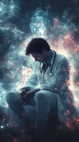 Exhausted doctor sits amid cosmic energy storms in reflection.