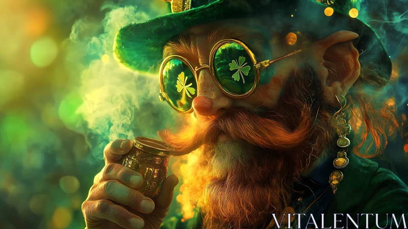Emerald-lit leprechaun portrait in swirling golden smoke.