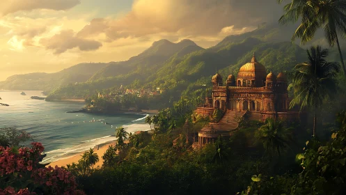 Coastal jungle temple before distant town at sunset.