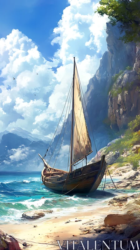 Beached daydream boat beneath roaming cathedral clouds.