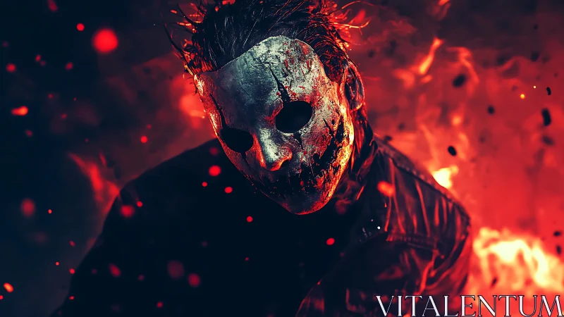 Masked figure in cracked metal mask against fiery backdrop.