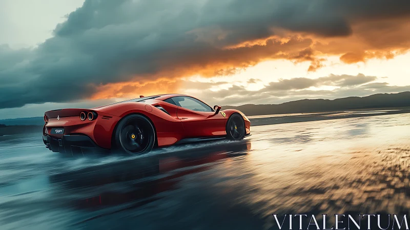 Red sports coupe on wet coastal flat under sunset sky.