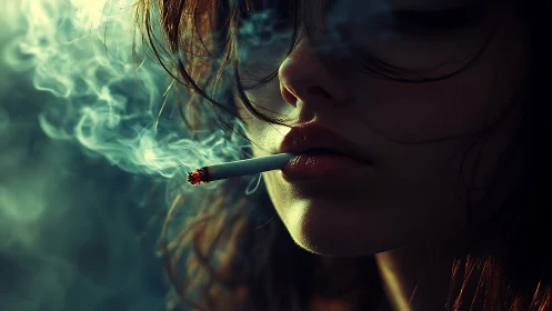 Moody closeup of woman smoking with drifting blue smoke.
