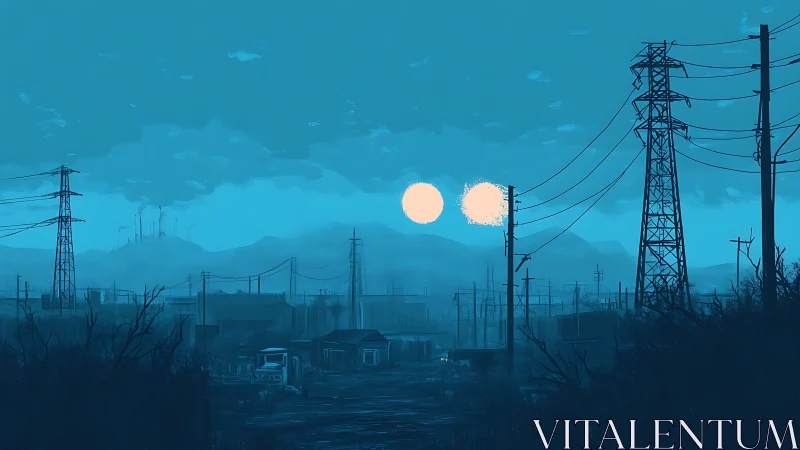 Twin suns rise above abandoned power grid in blue haze