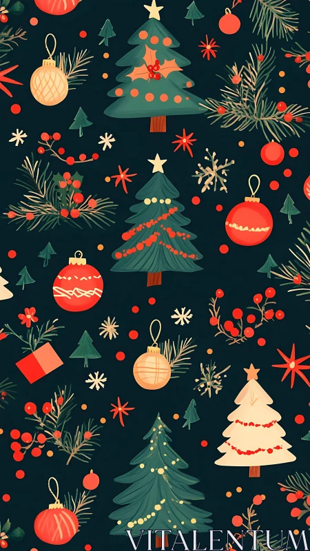Festive Christmas tree pattern with ornaments on dark teal.