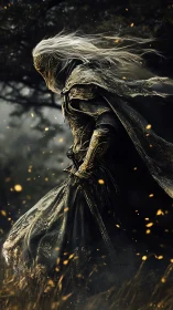 Masked eldritch knight striding through embers at dusk.