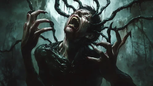 Human figure undergoes tentacular transformation in dark space