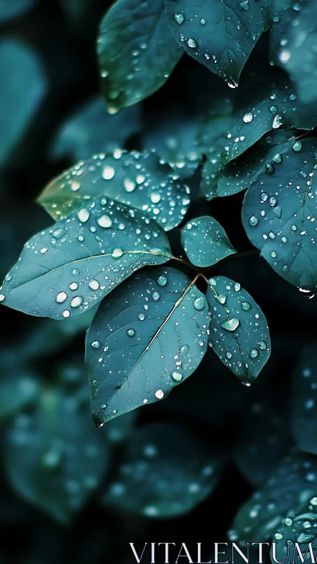 Raindrops on dark green leaves in soft natural focus.