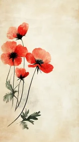 Minimalist Red Poppies with Delicate Translucent Petals Rendered in Watercolor Technique