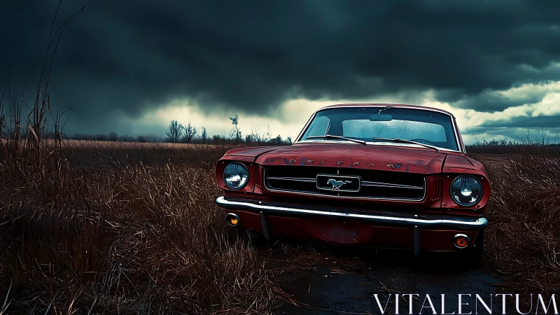 Red classic Mustang parked in stormy rural grassland field.
