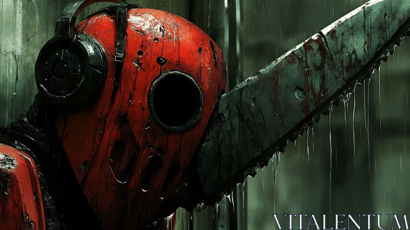 Rain-soaked red mech with industrial chainsaw visor poised.