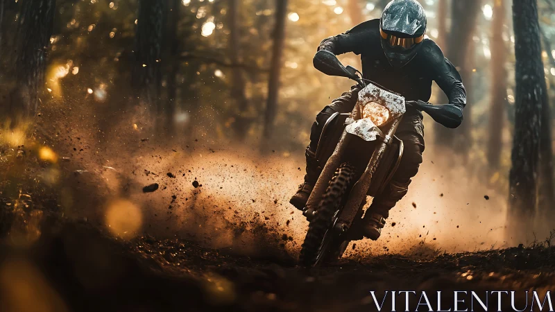 Off-road enduro rider cornering hard through dusty forest trail
