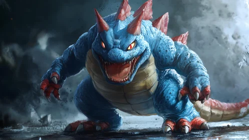 Ferocious blue dragon beast roaring amid storm chaos.