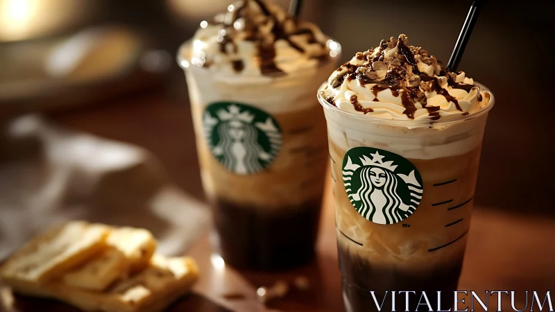 Iced Starbucks frappuccinos stand on wooden tabletop