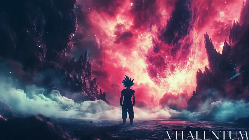 Silhouette of spiky-haired figure studies luminous cosmic rift