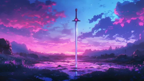 Vertical sword stands in reflective wetland under gradient sky