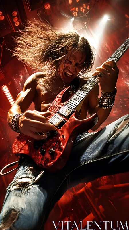Electric guitarist explodes with energy under blazing red lights