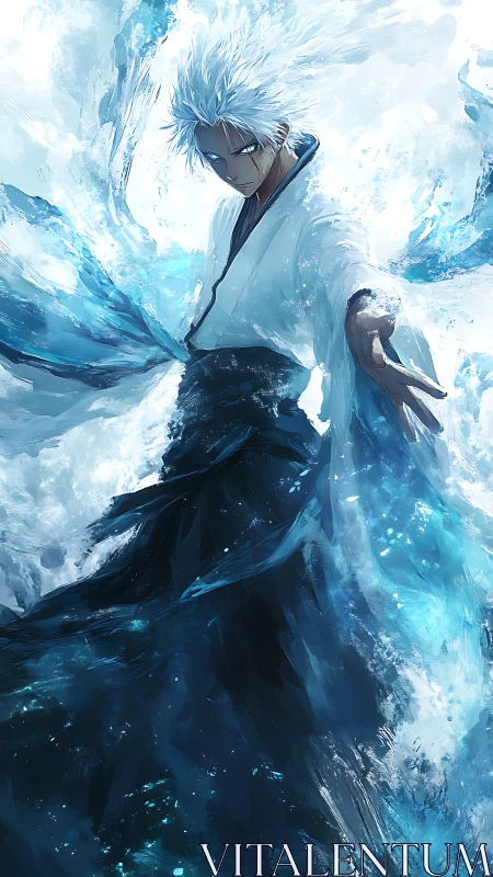 White haired warrior commands swirling blue elemental ice