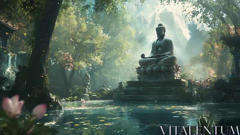Serene Buddha statue over misty lotus pond at dawn.