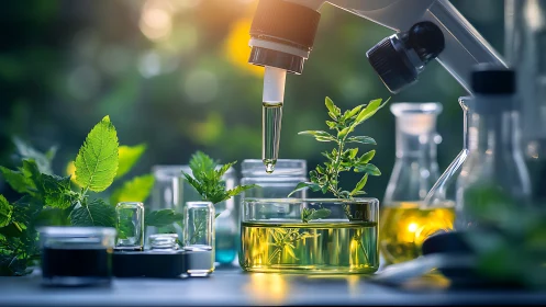 Microscope studies glowing herbal extracts in sunlit lab
