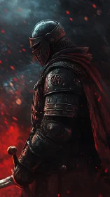 Lone armored knight watches embers drift through stormy dusk