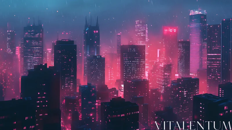 Neon-lit cyberpunk city skyline glows through rainy night