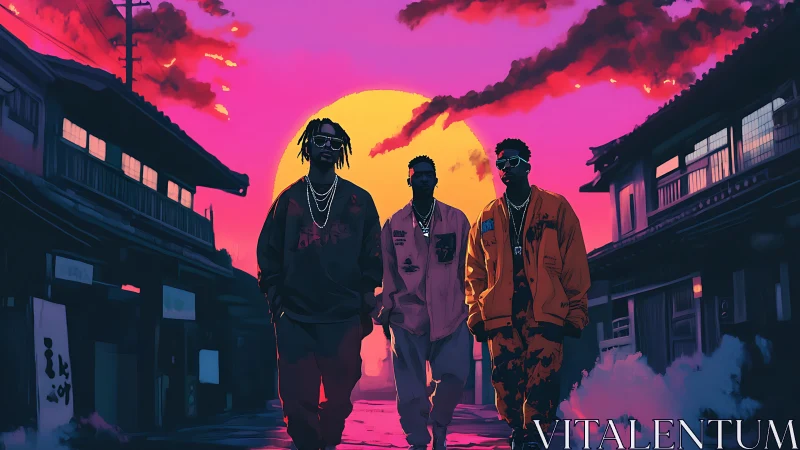 Streetwear trio stride through neon sunset-lit city alleys