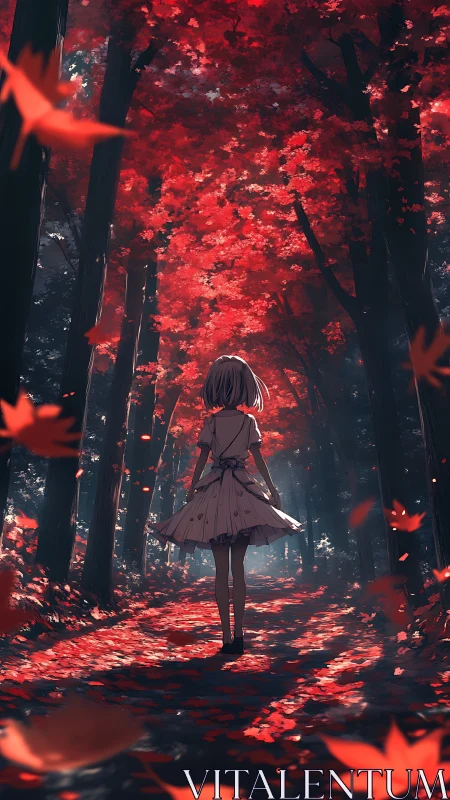 Solitary girl framed by crimson canopy in backlit forest corridor