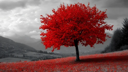 Solitary red tree dominates a grey hillside valley landscape.