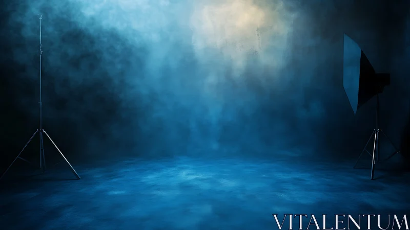 Studio strobe configuration in atmospheric blue haze environment.