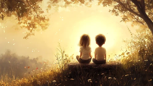 Children Contemplating Golden Sunset Through Autumn Foliage.