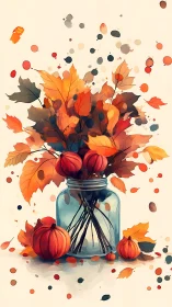 Autumn foliage bouquet in glass jar with scattered watercolor splatters