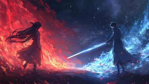Fire and ice duel between two anime warriors at night.