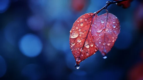 Two wet red leaves hang from a branch against defocused blue bokeh