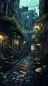 Nocturnal rainwashed alley caf&eacute; with dense vertical greenery.