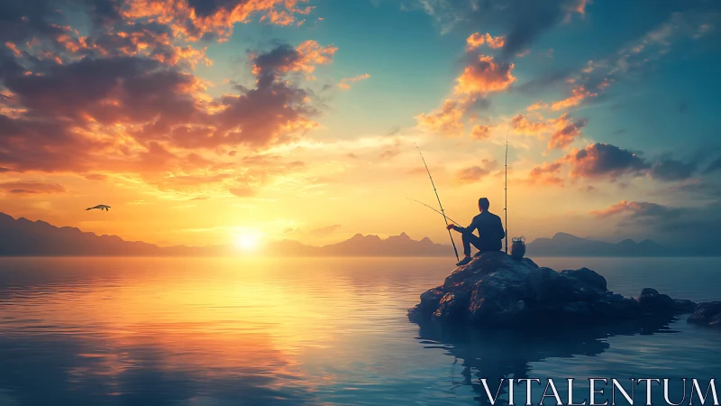 Quiet fisherman enjoys a glowing sunset over calm, gentle water